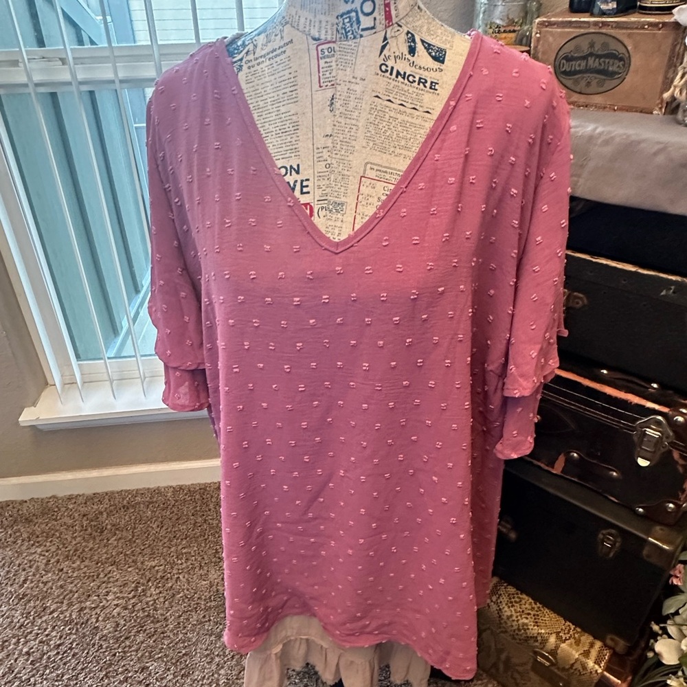 NWT-Gorgeous BloomChic Mauve Clip Dot Top. Size: 22-24